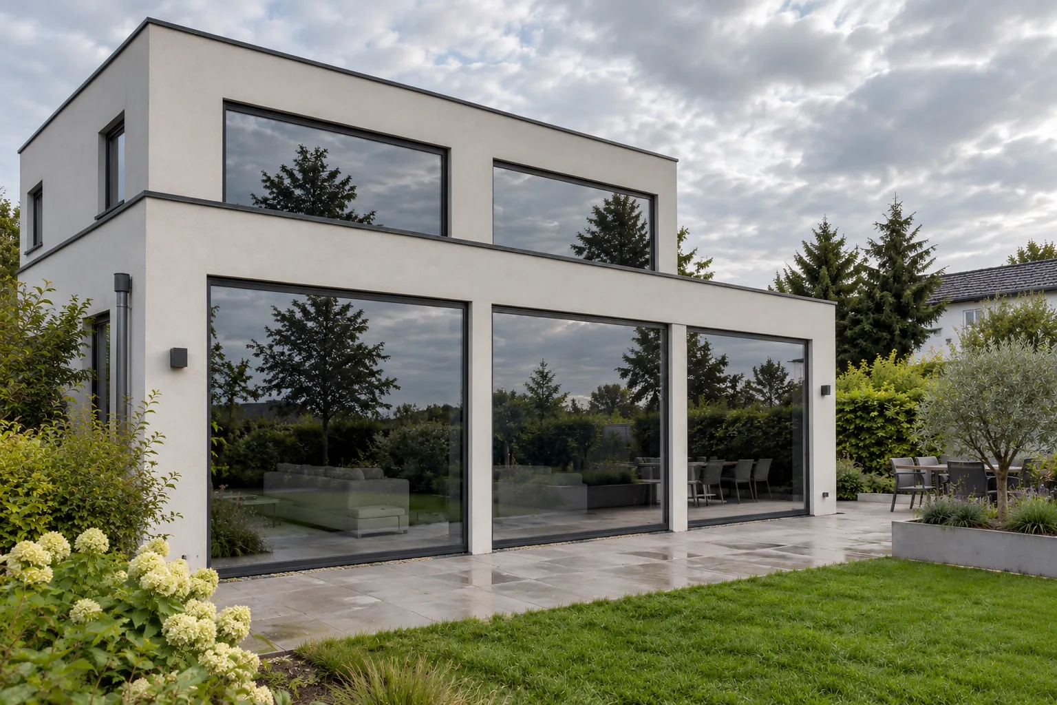 Seitliche Ansicht der Villa mit durchgängig folierten Fensterflächen