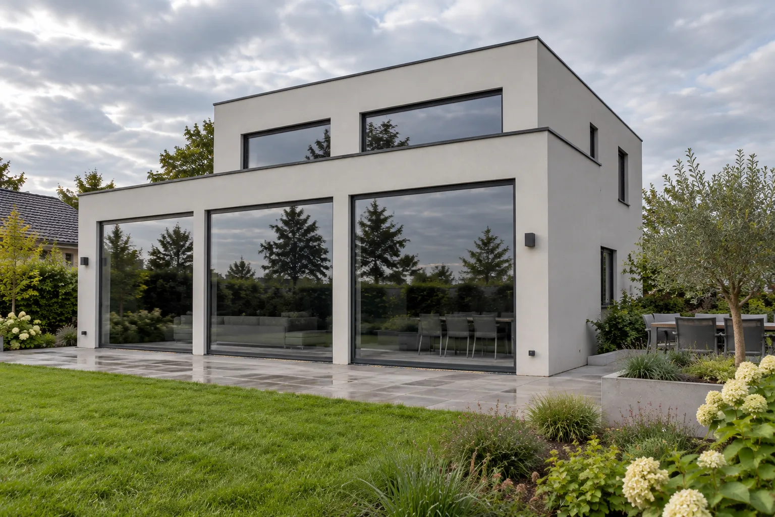 Frontansicht der Villa mit außenliegender Sonnenschutzfolie auf den Fenstern im Erd- und Obergeschoss