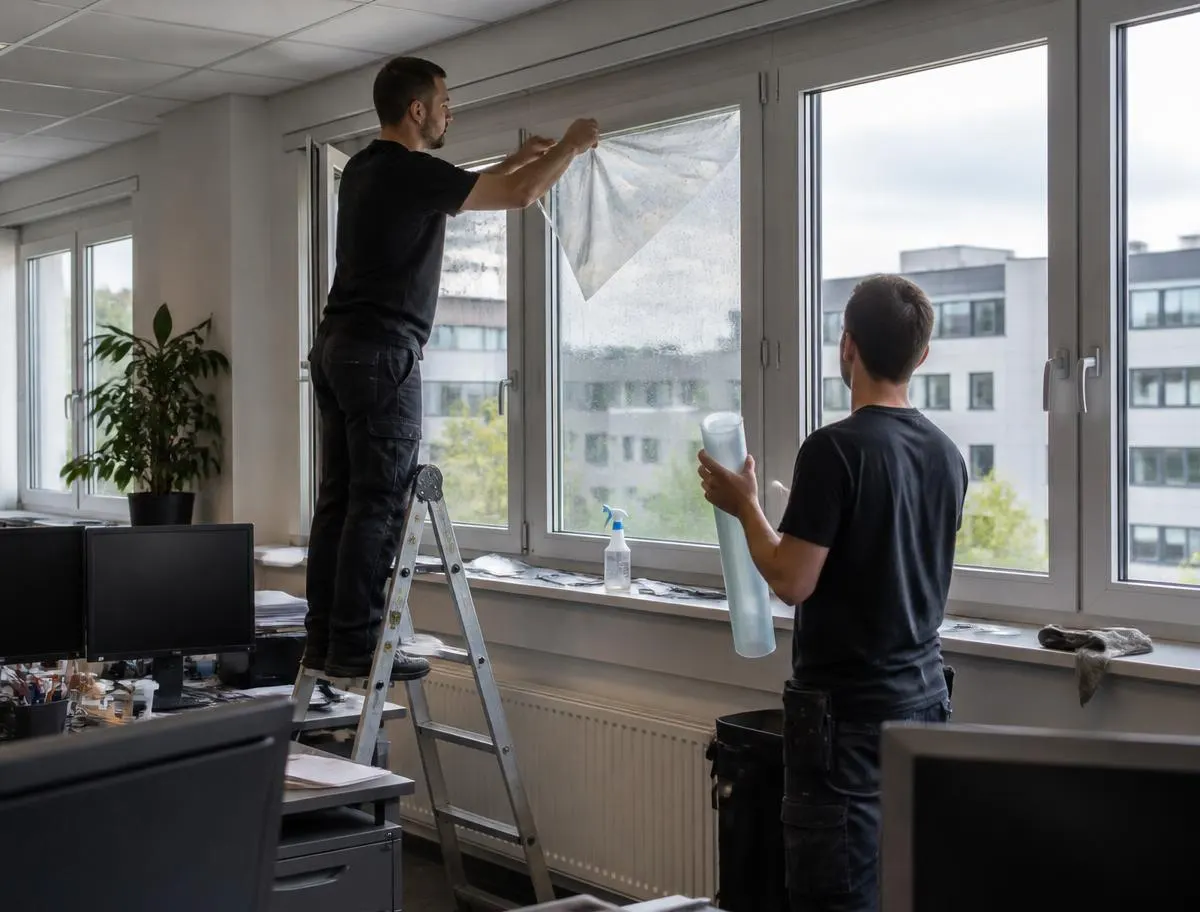 Modernes Büro mit großer sonnenbeschienener Fensterfront und Arbeitsplätzen