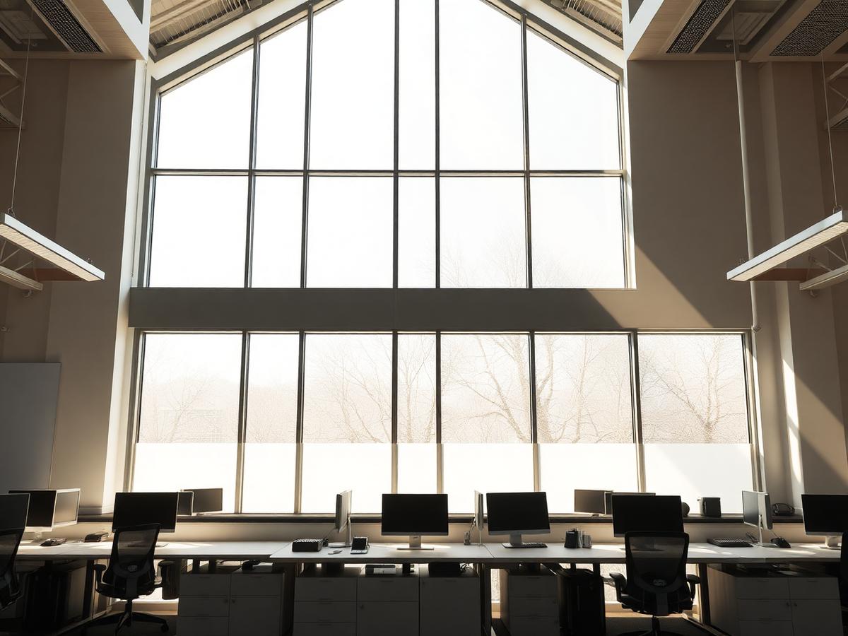 Modernes Büro mit großer sonnenbeschienener Fensterfront und Arbeitsplätzen