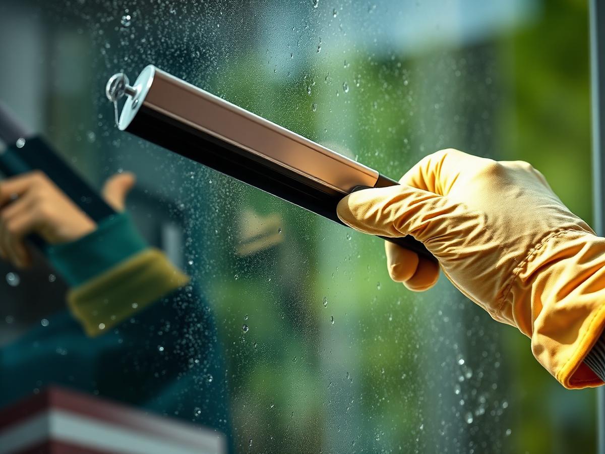 Nahaufnahme einer professionellen Folienmontage mit Rakel auf einer Glasscheibe